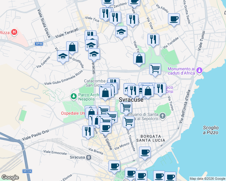 map of restaurants, bars, coffee shops, grocery stores, and more near 47 Via San Sebastiano in Syracuse