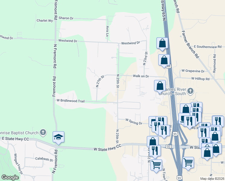 map of restaurants, bars, coffee shops, grocery stores, and more near 6110 N 27th St in Ozark