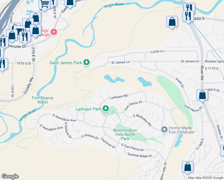 map of restaurants, bars, coffee shops, grocery stores, and more near 1864 Crockett Circle in St. George
