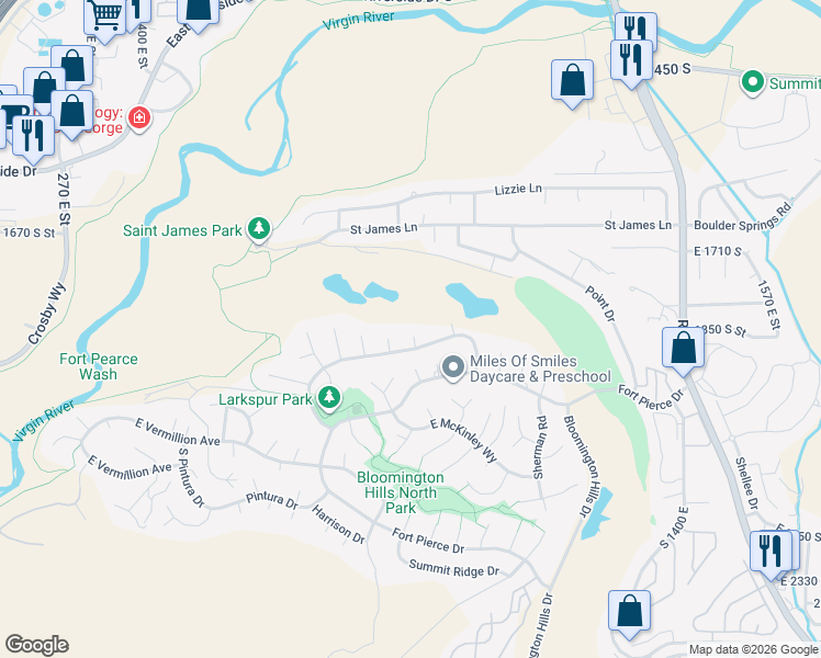 map of restaurants, bars, coffee shops, grocery stores, and more near 1879 Cassidy Circle in St. George