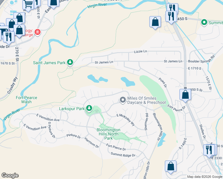 map of restaurants, bars, coffee shops, grocery stores, and more near 1879 Cassidy Circle in St. George