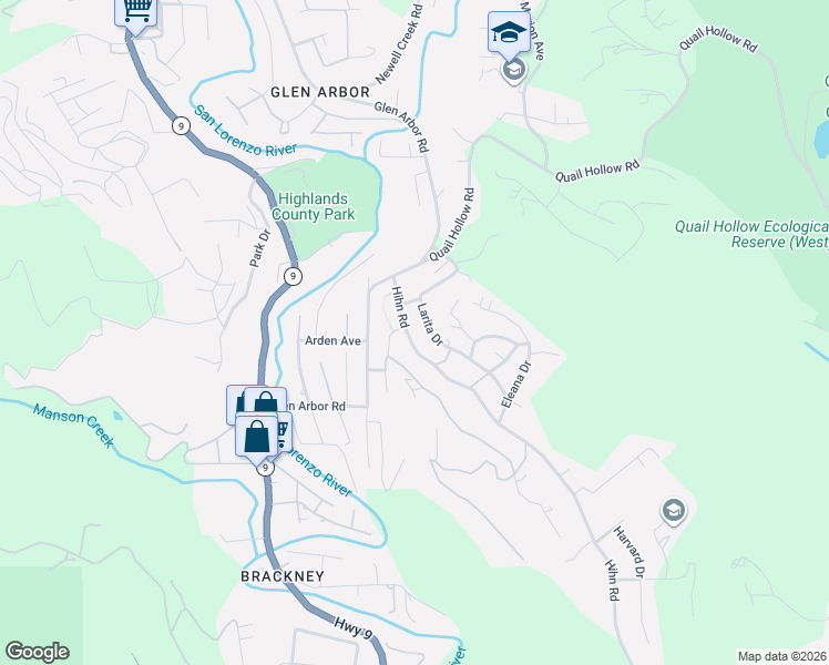 map of restaurants, bars, coffee shops, grocery stores, and more near 8741 Hihn Road in Ben Lomond