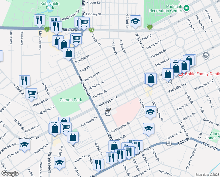 map of restaurants, bars, coffee shops, grocery stores, and more near 2621 Monroe Street in Paducah