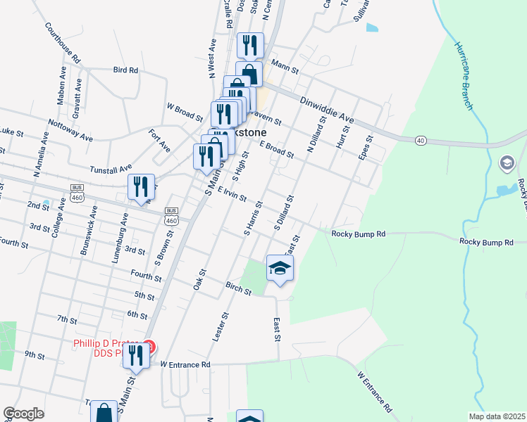 map of restaurants, bars, coffee shops, grocery stores, and more near 302 East Irvin Street in Blackstone