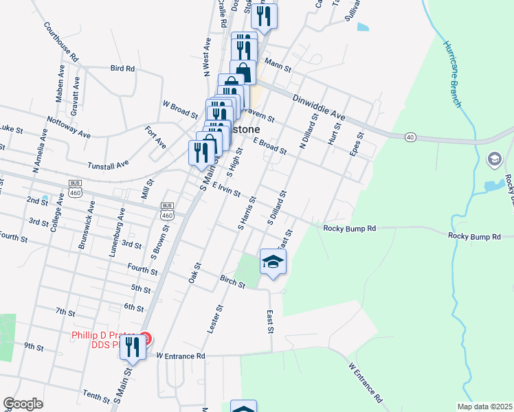 map of restaurants, bars, coffee shops, grocery stores, and more near 302 East Irvin Street in Blackstone
