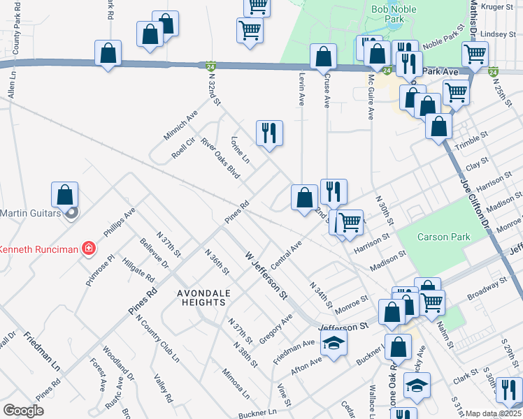 map of restaurants, bars, coffee shops, grocery stores, and more near 3310 Pines Road in Paducah