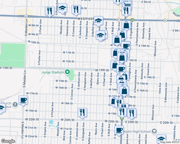 map of restaurants, bars, coffee shops, grocery stores, and more near 521 Junge Boulevard in Joplin