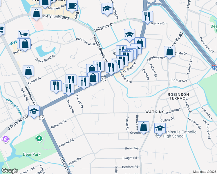 map of restaurants, bars, coffee shops, grocery stores, and more near 230 Pine Grove Road in Newport News