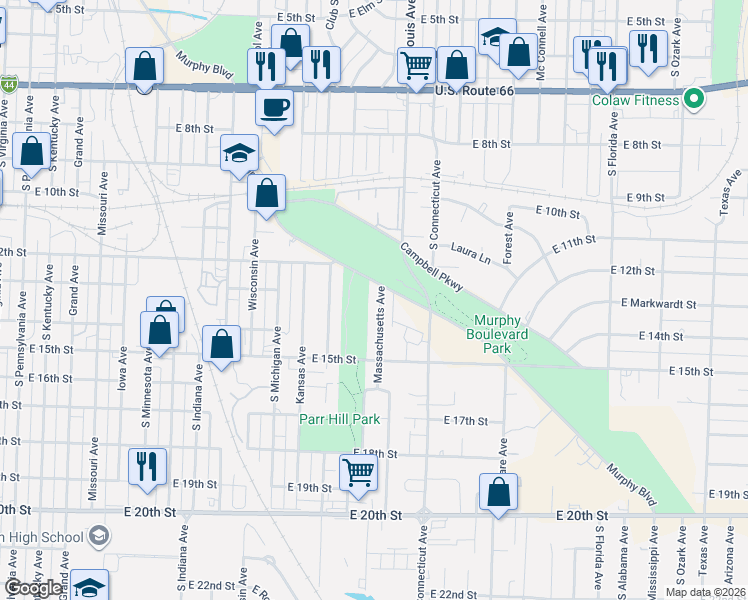 map of restaurants, bars, coffee shops, grocery stores, and more near 1304 Massachusetts Avenue in Joplin