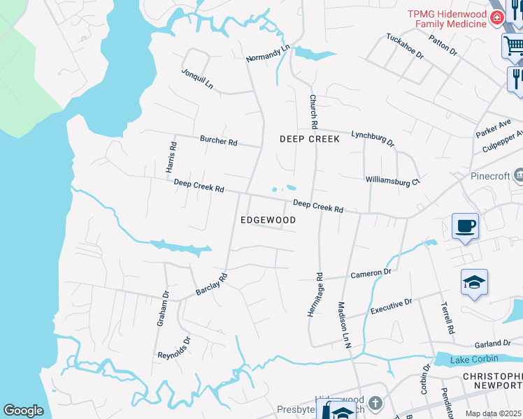 map of restaurants, bars, coffee shops, grocery stores, and more near 2 Drake Court in Newport News