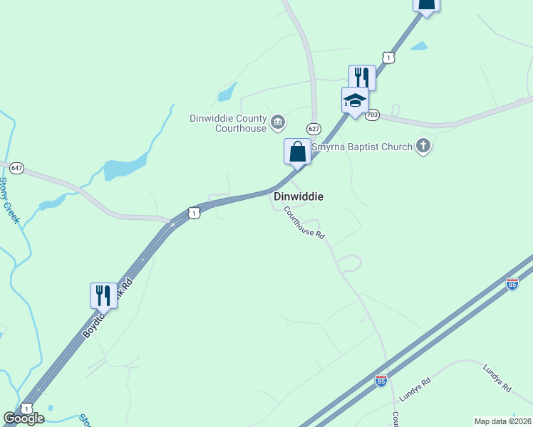 map of restaurants, bars, coffee shops, grocery stores, and more near 14222 Sycamore Drive in Dinwiddie