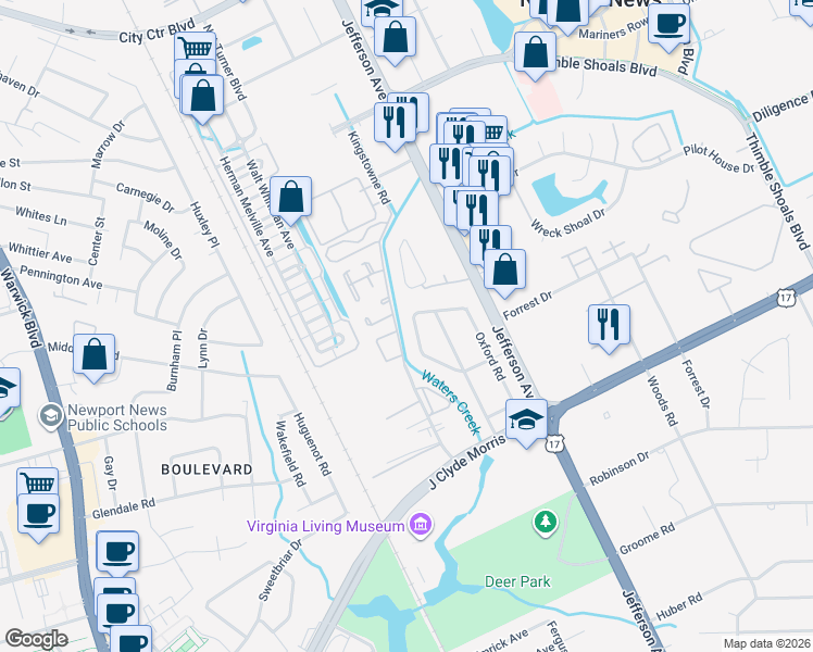 map of restaurants, bars, coffee shops, grocery stores, and more near 68 Concord Crescent in Newport News
