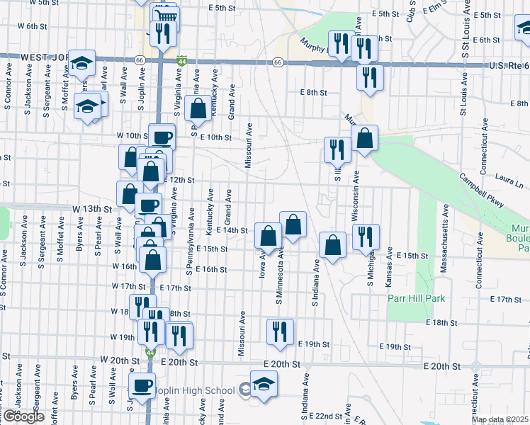 map of restaurants, bars, coffee shops, grocery stores, and more near 1304 Iowa Avenue in Joplin