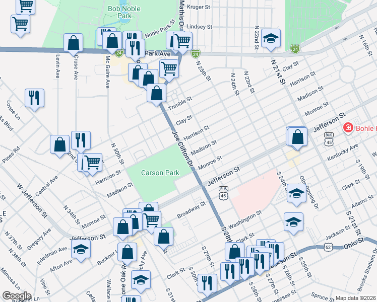 map of restaurants, bars, coffee shops, grocery stores, and more near 400 Joe Clifton Drive in Paducah