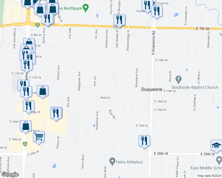 map of restaurants, bars, coffee shops, grocery stores, and more near 3609 East 13th Street in Joplin