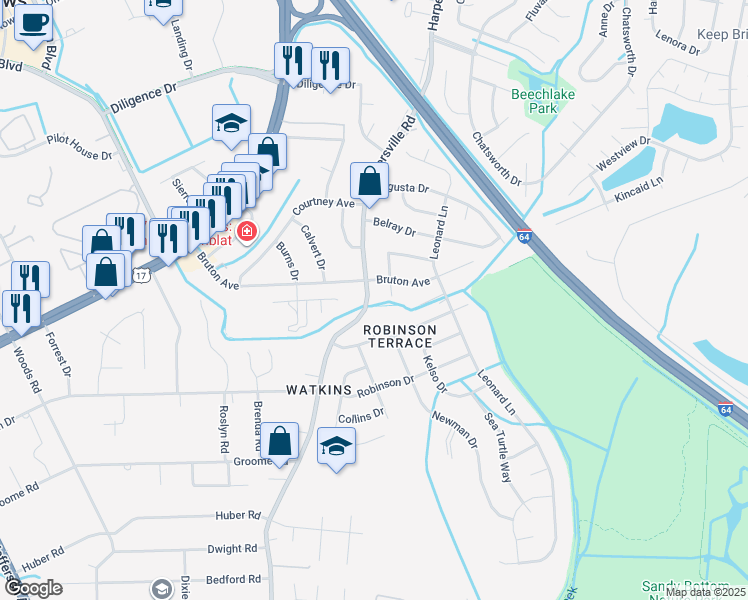 map of restaurants, bars, coffee shops, grocery stores, and more near 686 Harpersville Road in Newport News