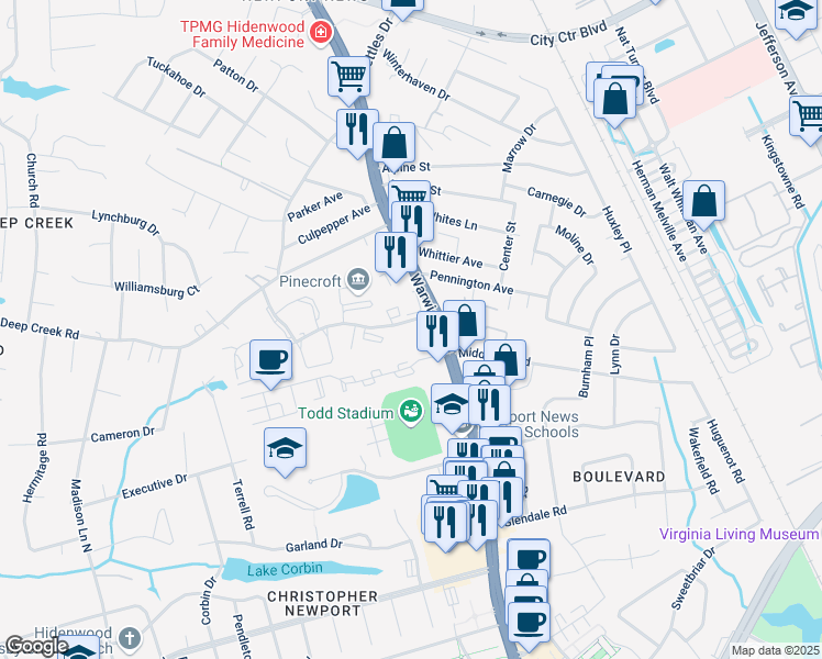 map of restaurants, bars, coffee shops, grocery stores, and more near 12511 Warwick Boulevard in Newport News