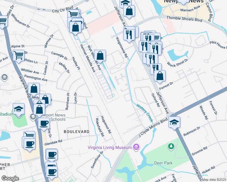 map of restaurants, bars, coffee shops, grocery stores, and more near 376 Walt Whitman Avenue in Newport News