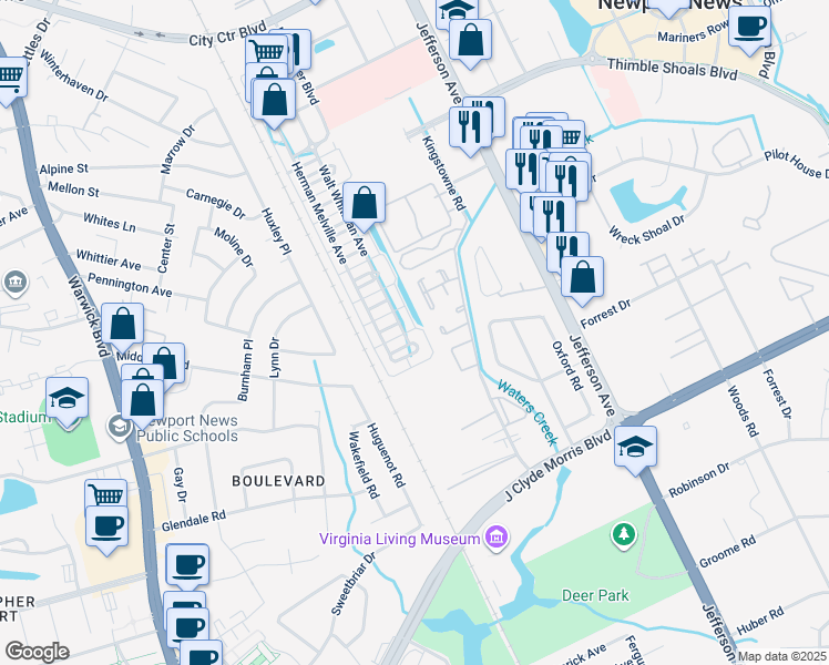 map of restaurants, bars, coffee shops, grocery stores, and more near 376 Walt Whitman Avenue in Newport News