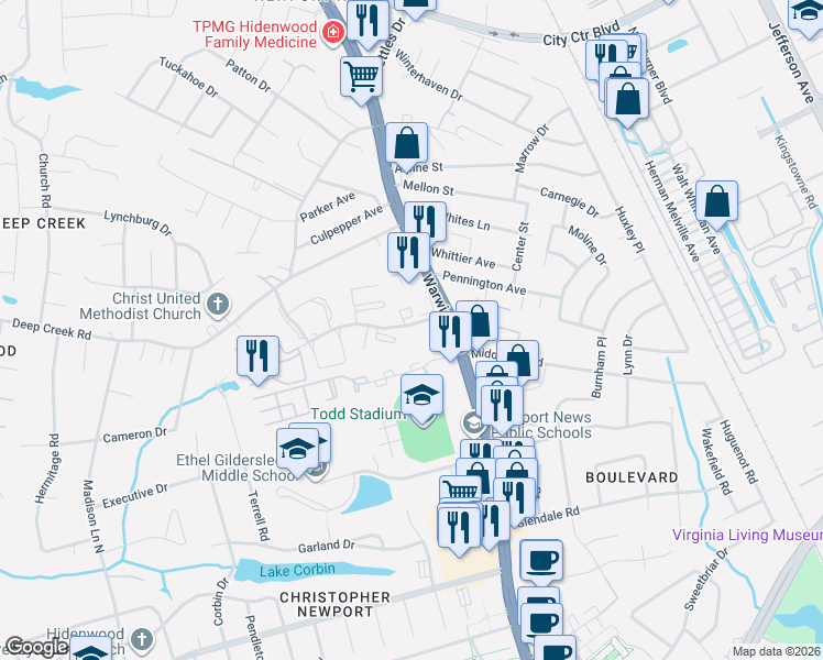 map of restaurants, bars, coffee shops, grocery stores, and more near in Newport News