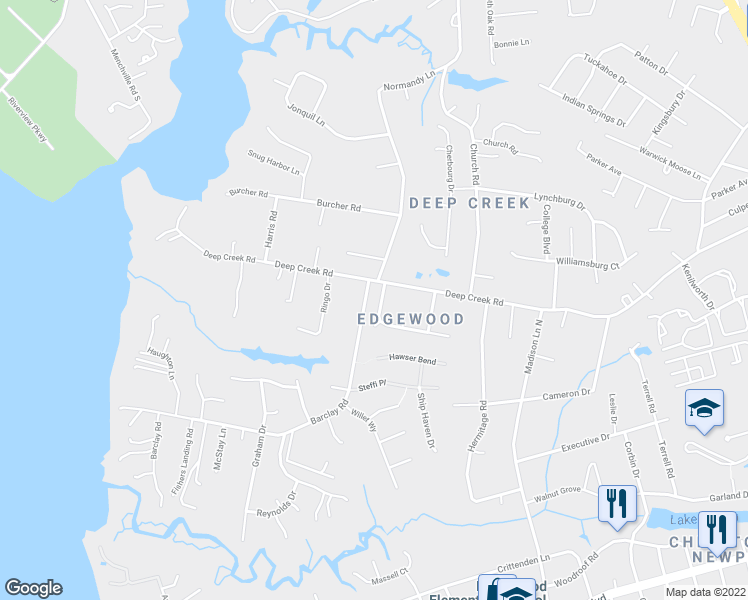 map of restaurants, bars, coffee shops, grocery stores, and more near 37 Whits Court in Newport News