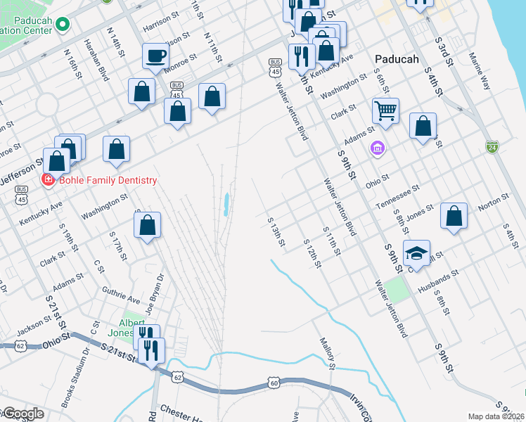 map of restaurants, bars, coffee shops, grocery stores, and more near 1301-1399 Oscar Cross Ave in Paducah