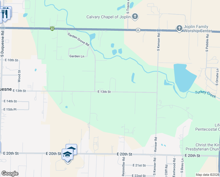 map of restaurants, bars, coffee shops, grocery stores, and more near 1200-1398 South Brynewood Lane in Joplin