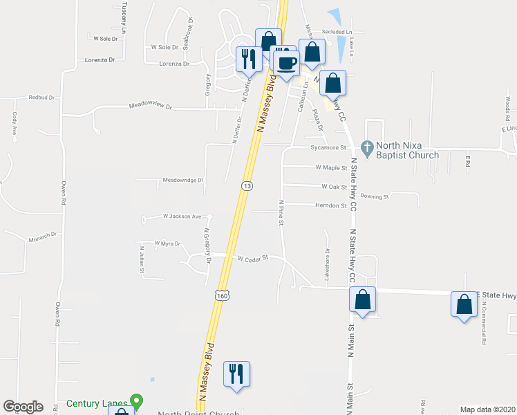 map of restaurants, bars, coffee shops, grocery stores, and more near 469 Magnolia Lane in Nixa