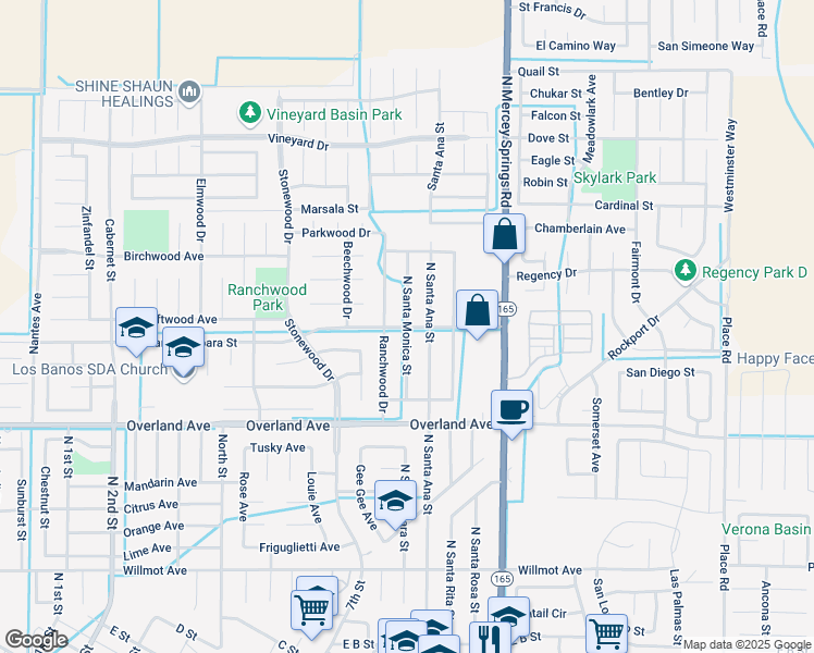 map of restaurants, bars, coffee shops, grocery stores, and more near 1050 Santa Barbara Drive in Los Banos