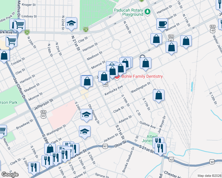 map of restaurants, bars, coffee shops, grocery stores, and more near 1939 Kentucky Avenue in Paducah