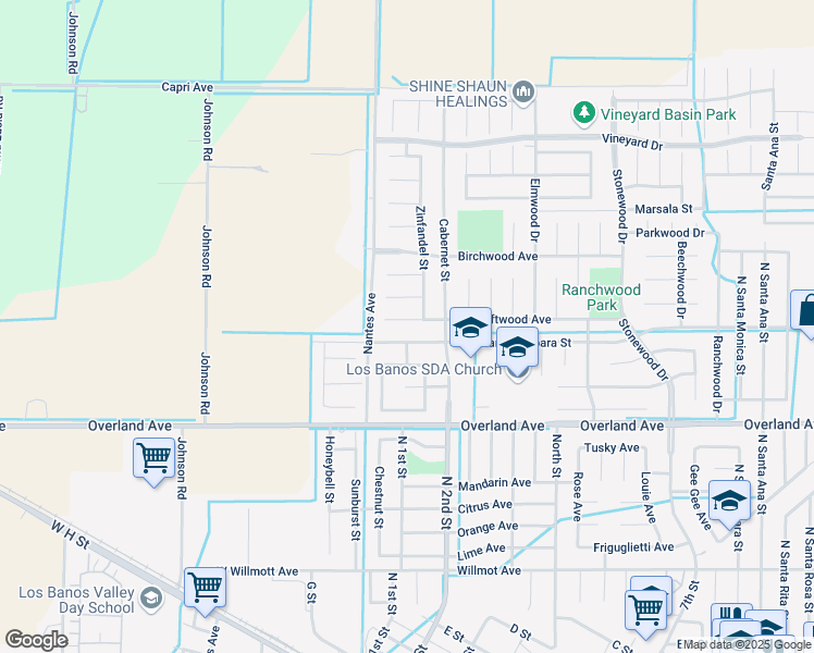 map of restaurants, bars, coffee shops, grocery stores, and more near 173 Driftwood Court in Los Banos