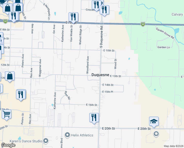 map of restaurants, bars, coffee shops, grocery stores, and more near 3901-3999 E 13th St in Joplin