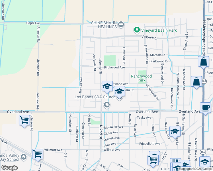 map of restaurants, bars, coffee shops, grocery stores, and more near 485 Driftwood Avenue in Los Banos