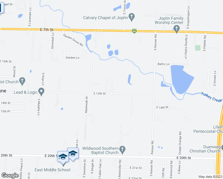 map of restaurants, bars, coffee shops, grocery stores, and more near 1270 South Brynewood Lane in Joplin