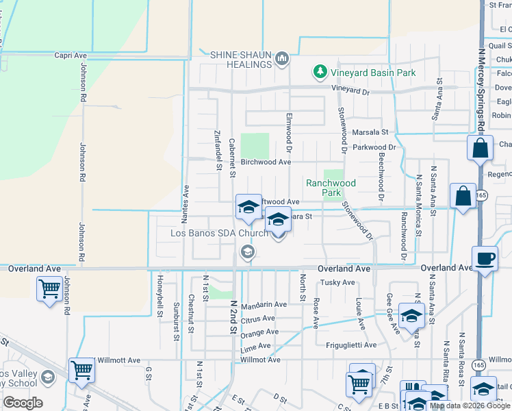 map of restaurants, bars, coffee shops, grocery stores, and more near 485 Driftwood Avenue in Los Banos