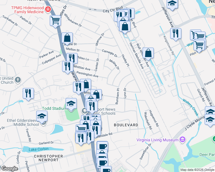 map of restaurants, bars, coffee shops, grocery stores, and more near 21 Bosch Lane in Newport News