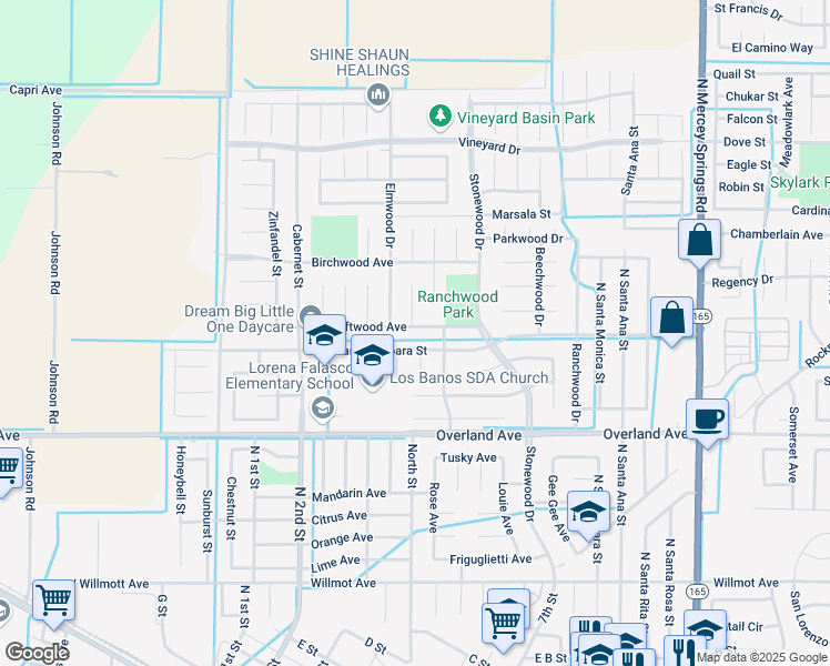 map of restaurants, bars, coffee shops, grocery stores, and more near 675 Driftwood Avenue in Los Banos
