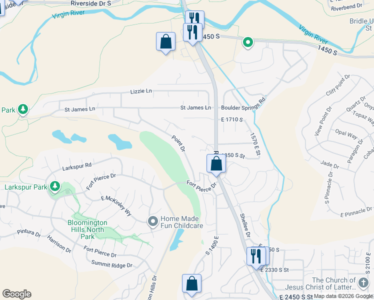 map of restaurants, bars, coffee shops, grocery stores, and more near 1845 Point Dr in St George