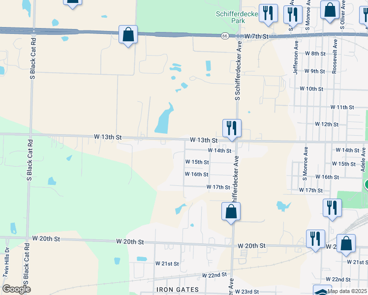 map of restaurants, bars, coffee shops, grocery stores, and more near 1322 South Cleveland Avenue in Joplin