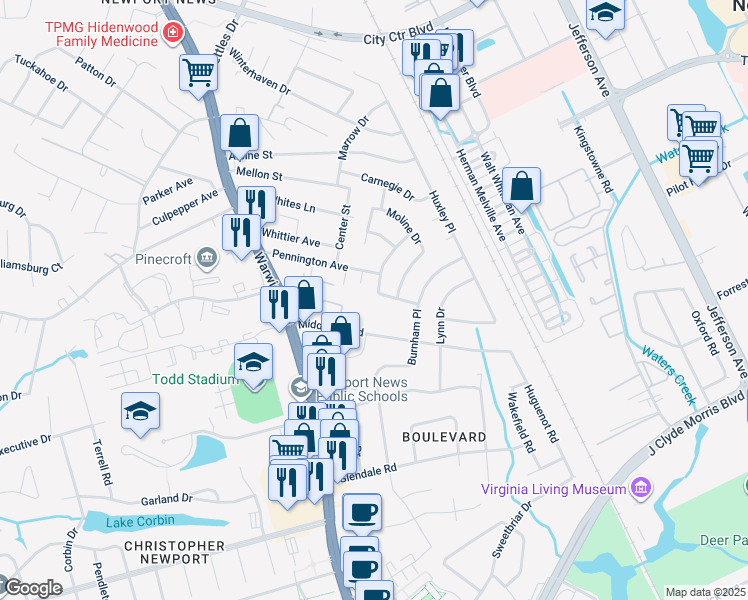 map of restaurants, bars, coffee shops, grocery stores, and more near 21 Bosch Lane in Newport News