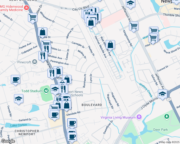 map of restaurants, bars, coffee shops, grocery stores, and more near 115 Lynn Drive in Newport News