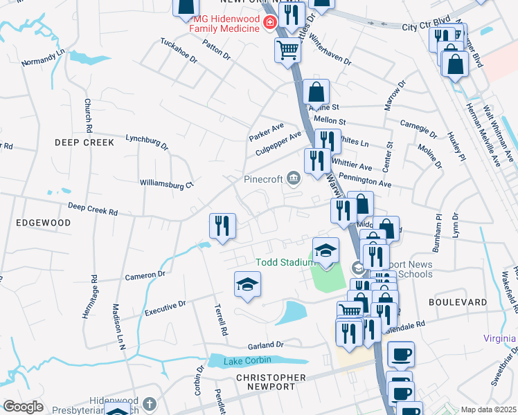 map of restaurants, bars, coffee shops, grocery stores, and more near 158 Sloane Place in Newport News