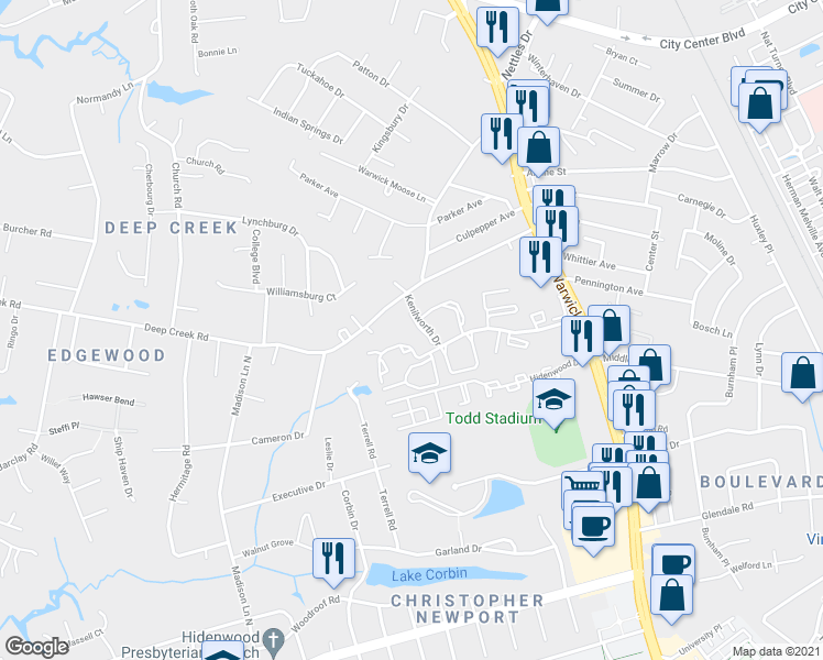 map of restaurants, bars, coffee shops, grocery stores, and more near 136 Kenilworth Drive in Newport News