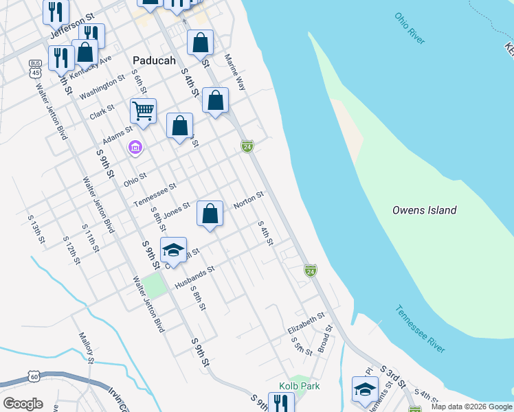 map of restaurants, bars, coffee shops, grocery stores, and more near 1012 South 4th Street in Paducah