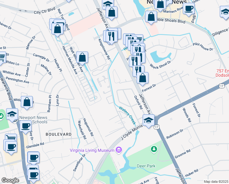 map of restaurants, bars, coffee shops, grocery stores, and more near 68 Concord Crescent in Newport News