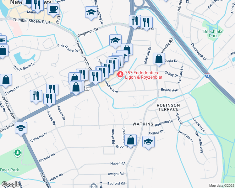 map of restaurants, bars, coffee shops, grocery stores, and more near 30 Bruton Ave in Newport News