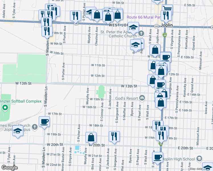 map of restaurants, bars, coffee shops, grocery stores, and more near 799 West 13th Street in Joplin