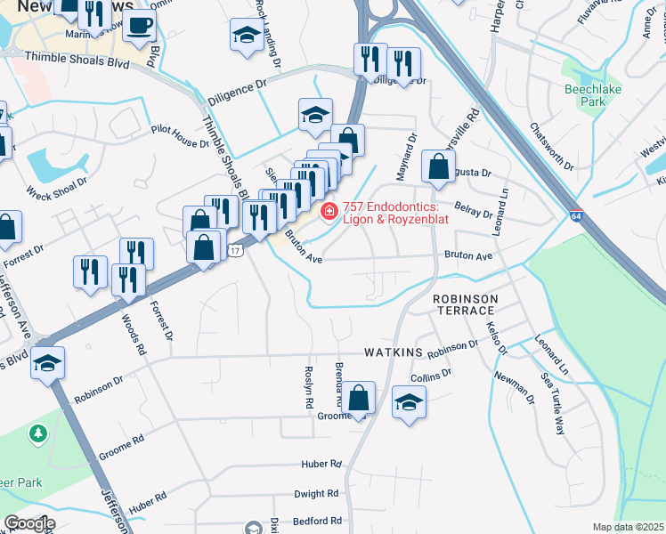 map of restaurants, bars, coffee shops, grocery stores, and more near 30 Bruton Avenue in Newport News