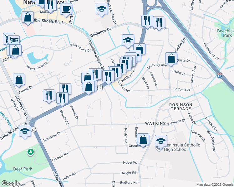 map of restaurants, bars, coffee shops, grocery stores, and more near 731 Roslyn Road in Newport News