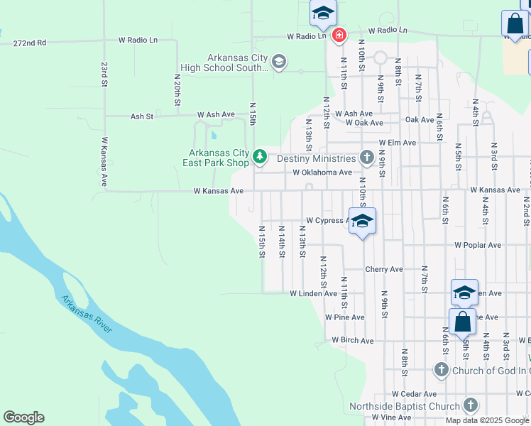 map of restaurants, bars, coffee shops, grocery stores, and more near 1306 North 15th Street in Arkansas City